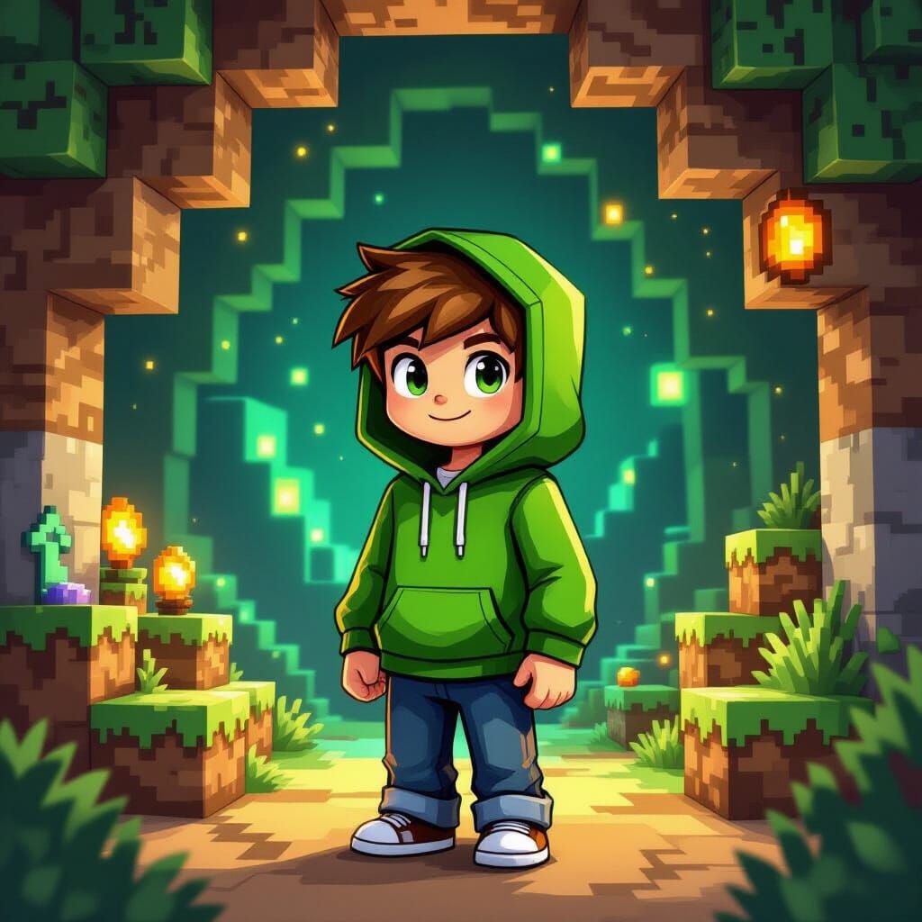 Boy in Green Hoodie in Minecraft Pixel Art World