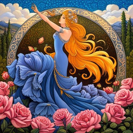 Lady of Blue Roses in Whimsical Fantasy Style
