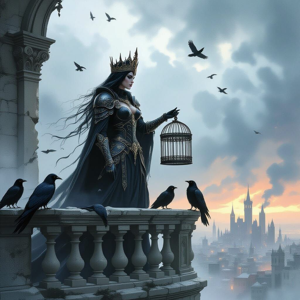 Regal Queen in Obsidian Armor Overlooking Storm City