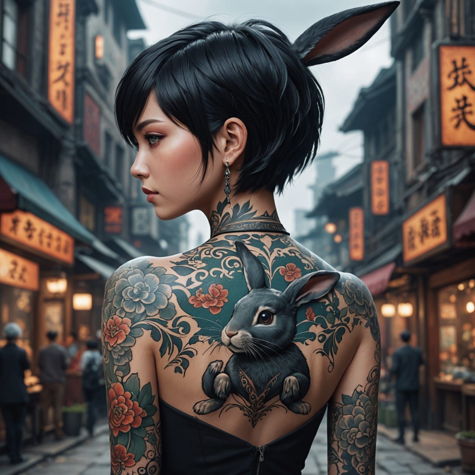 Anime Woman with Rabbit Tattoo in Digital Art