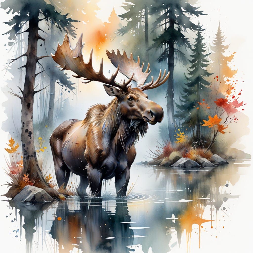Majestic Moose Wades Through Misty Northern Lake at Dawn