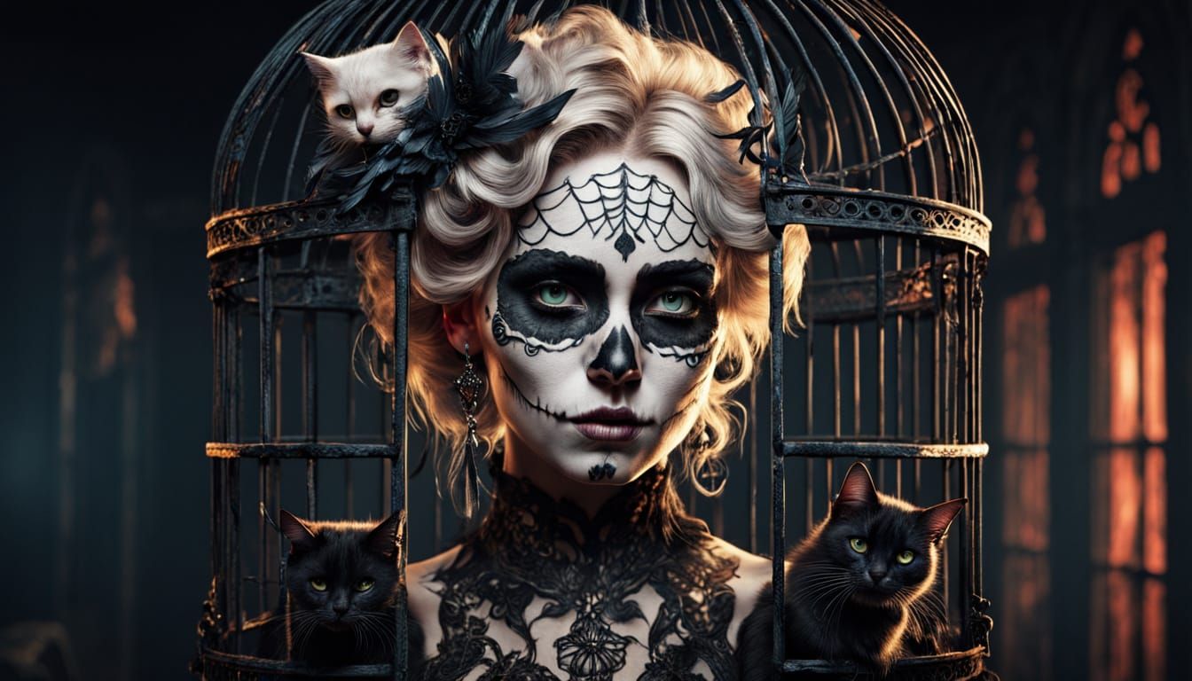 Gothic Woman in Birdcage with Sugar Skull Makeup