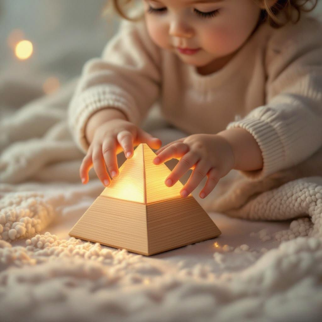 Baby Hands Touch Glowing Toy Pyramid in Fairytale Art