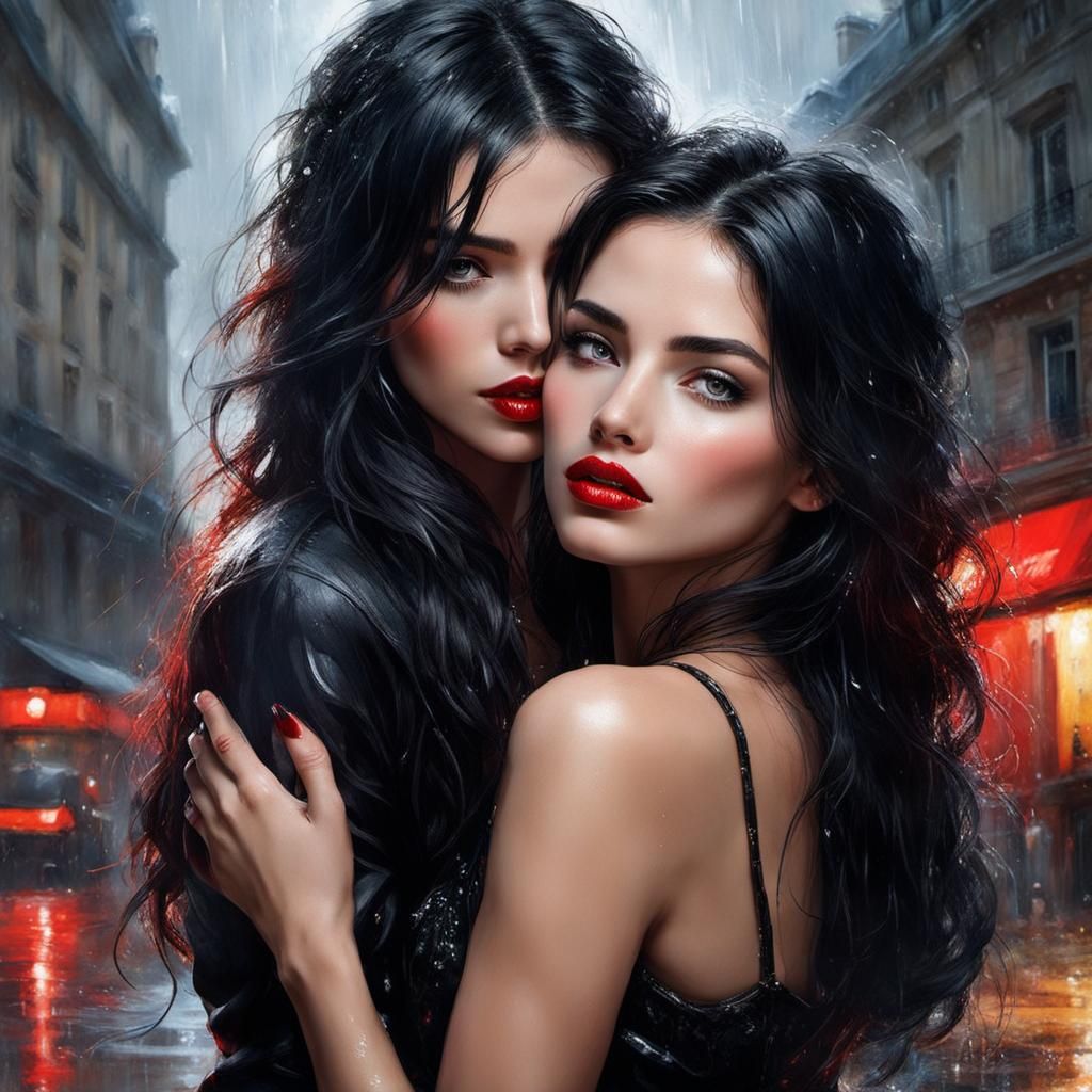 Romantic Kissing Women Portrait in Rain