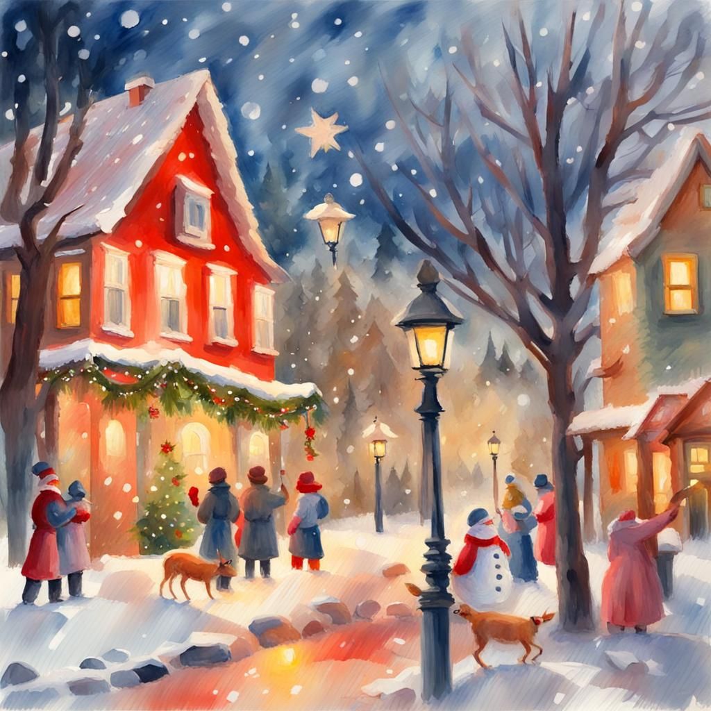 Impressionist Christmas Scene in Gouache Style