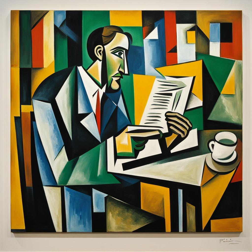 Cubist Man Reads Menu as Picasso Painting
