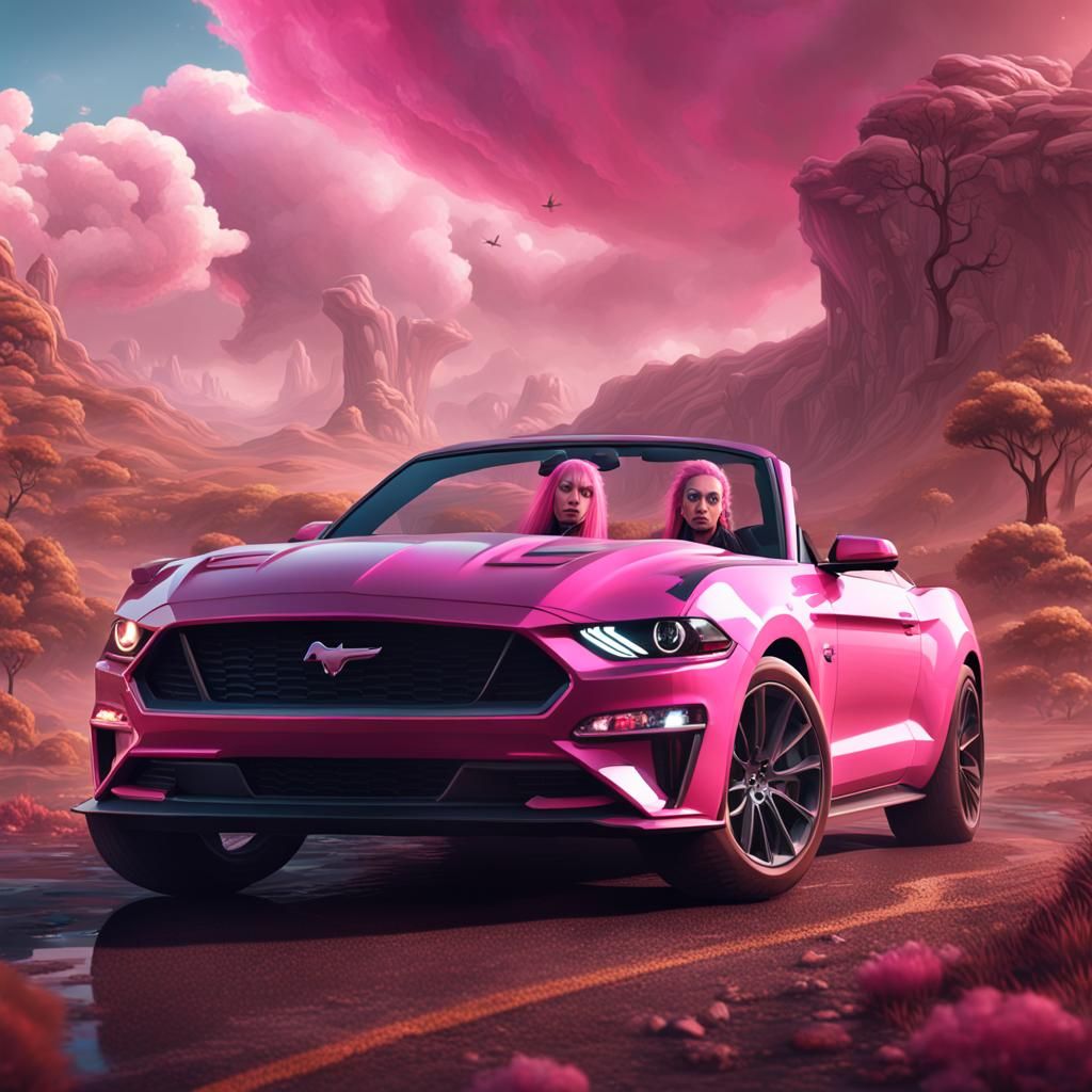 Woman with Pink Hair Drives Pink Mustang