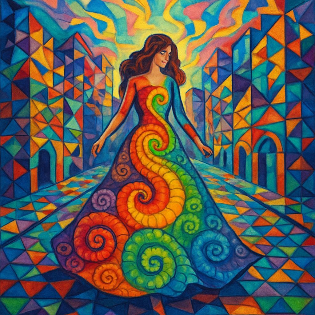 Vibrant Psychedelic Woman in Rainbow Cityscape