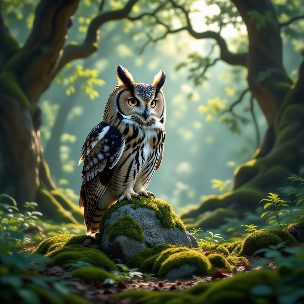 Majestic Owl on Ancient Stone in Sunlit Forest Clearing
