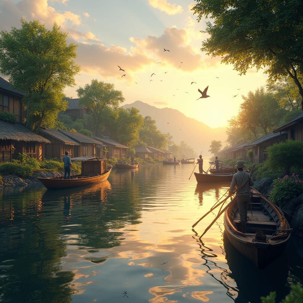 Idyllic Waterfront Scene in Warm Golden Light