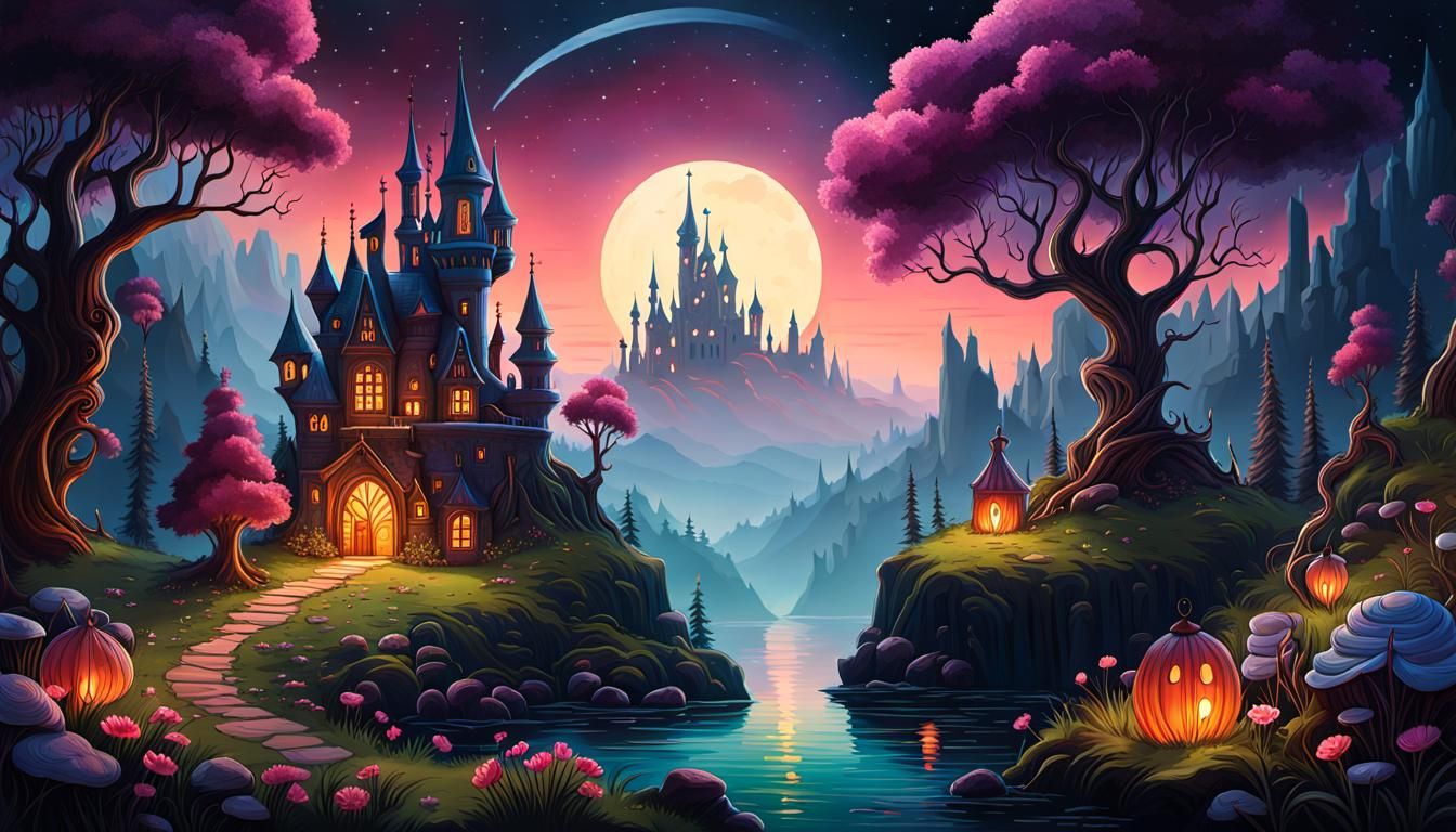 Dreamlike Fairytale Landscape in Gouache Style