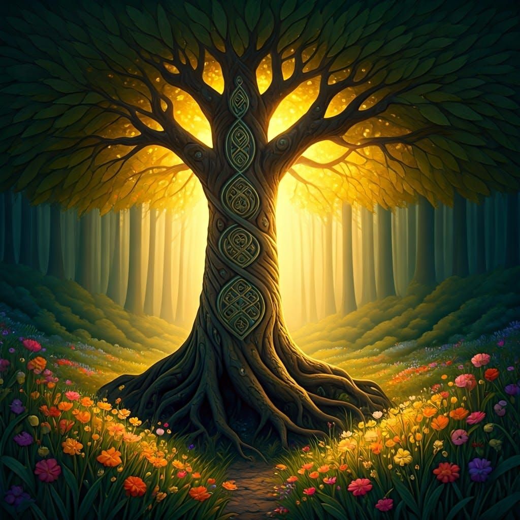 Whimsical Tree of Life in Golden Forest Glade