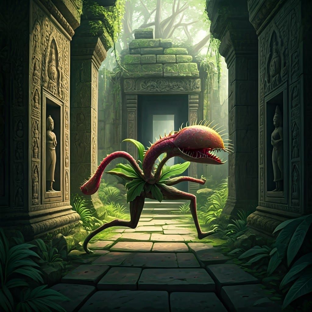 Vibrant Carnivorous Plant Rides through Ancient Hindu Temple