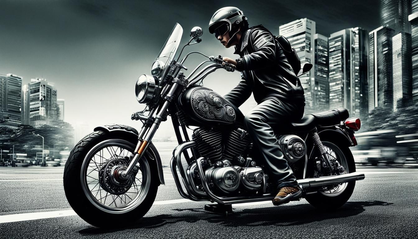 Asian Biker with Intricate Details in Hyperrealistic Style