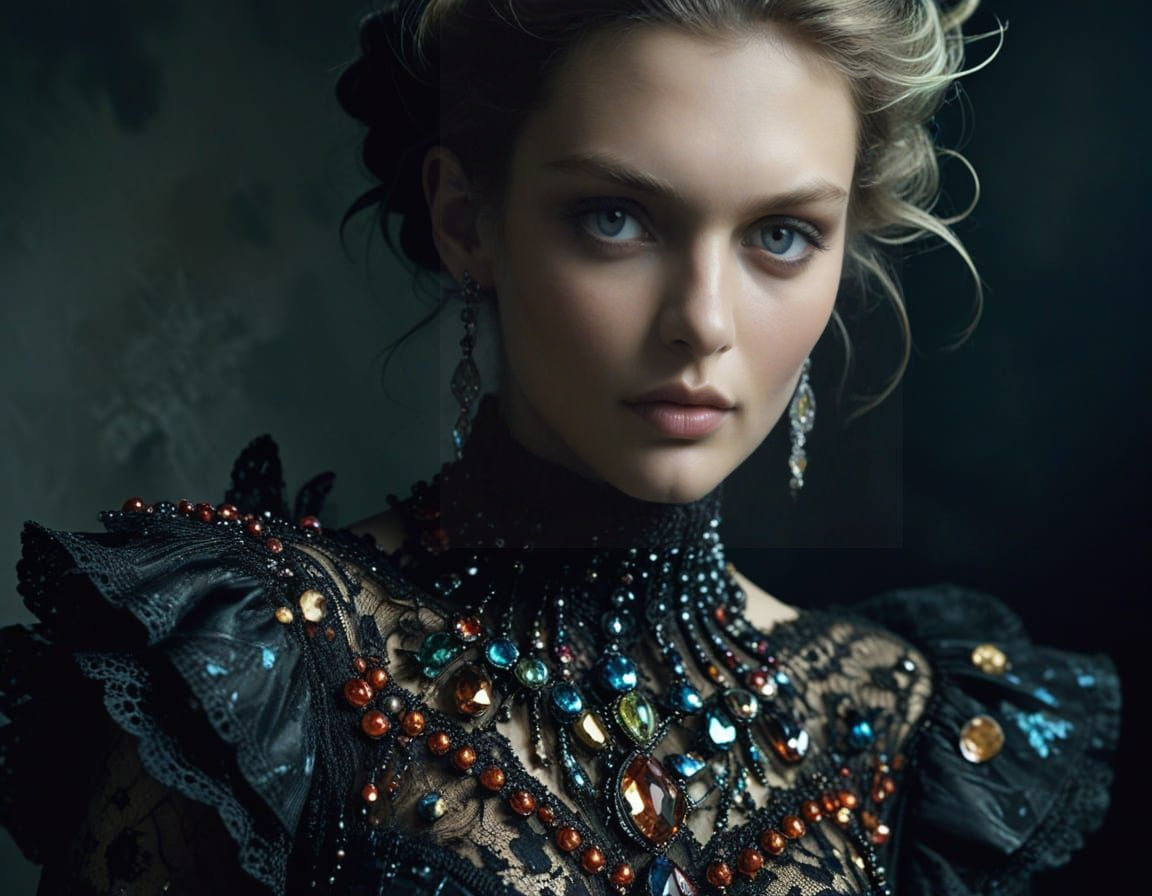 Hyper-realistic luxury still life. Close-up macro shot. Murano glass beads and Swarovski crystal jewelry on dark velvet.