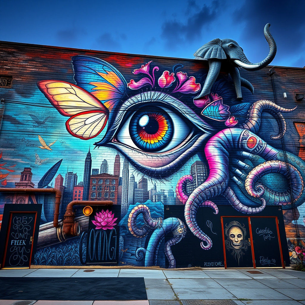 Surreal Street Art Mural with Piercing Eye