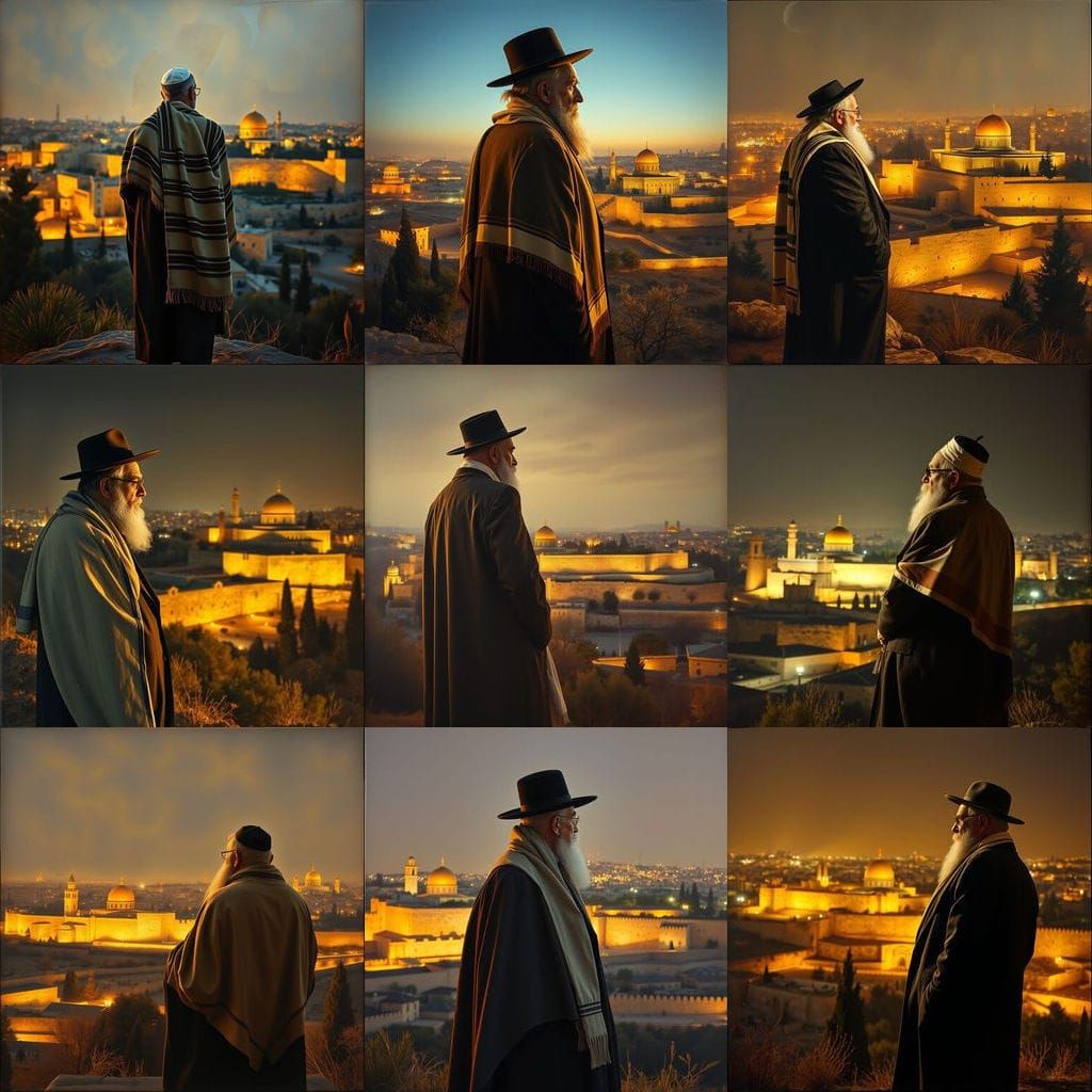Orthodox Jew Overlooking Jerusalem in Classic Oil Painting S...