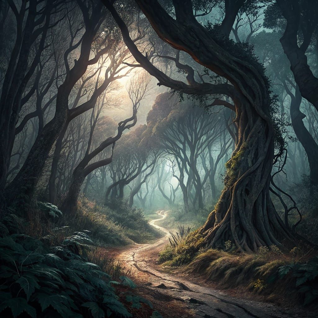 Dark and Ominous Forest Landscape in Surreal Style