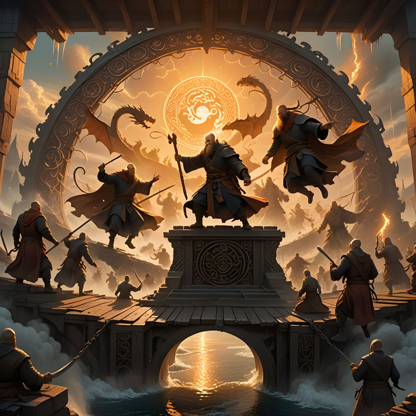 Ethereal Viking Metal Art with Dragon and Sunlit Mist