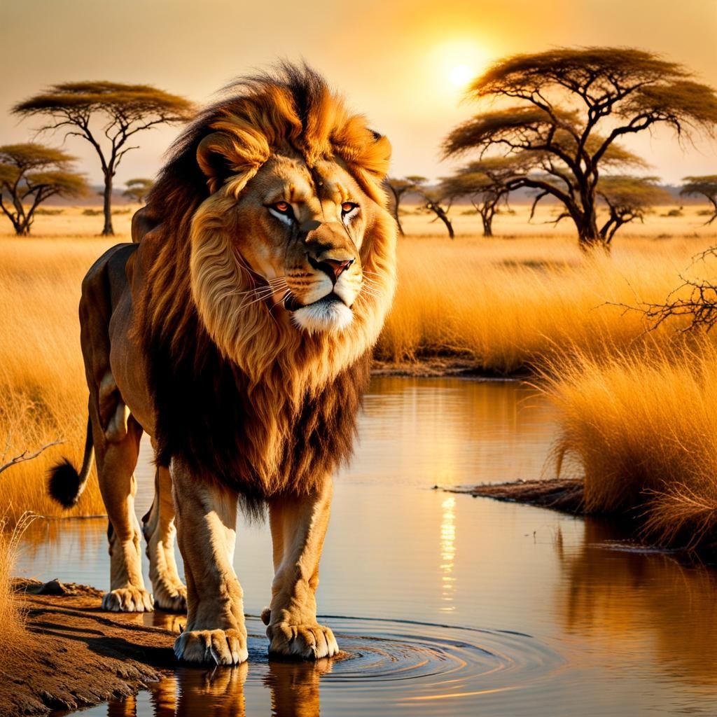 Lion at Watering Hole in Tempera Style