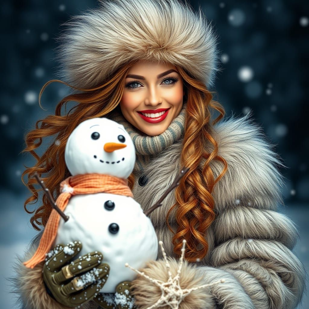 Beautiful Woman Creates a Snowman in Winter Wonderland