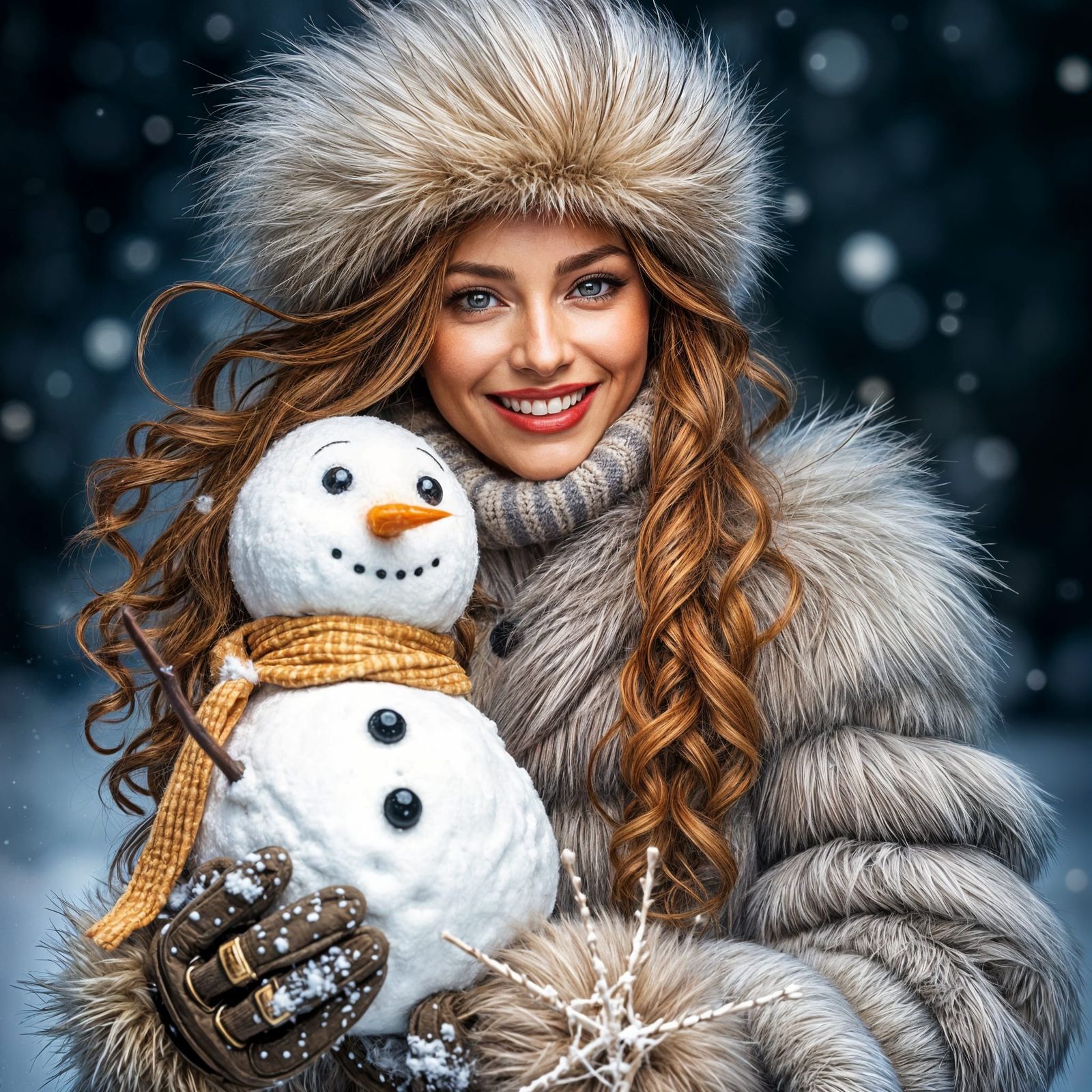 Beautiful Woman in Fur Coat Making Snowman Smiling