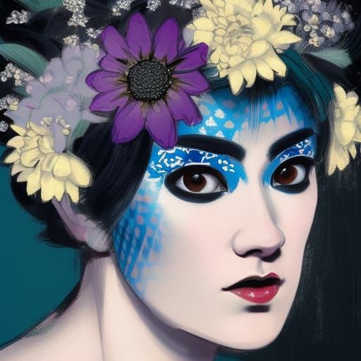 Cyberpunk Geisha with Flowers in Oil Painting Style