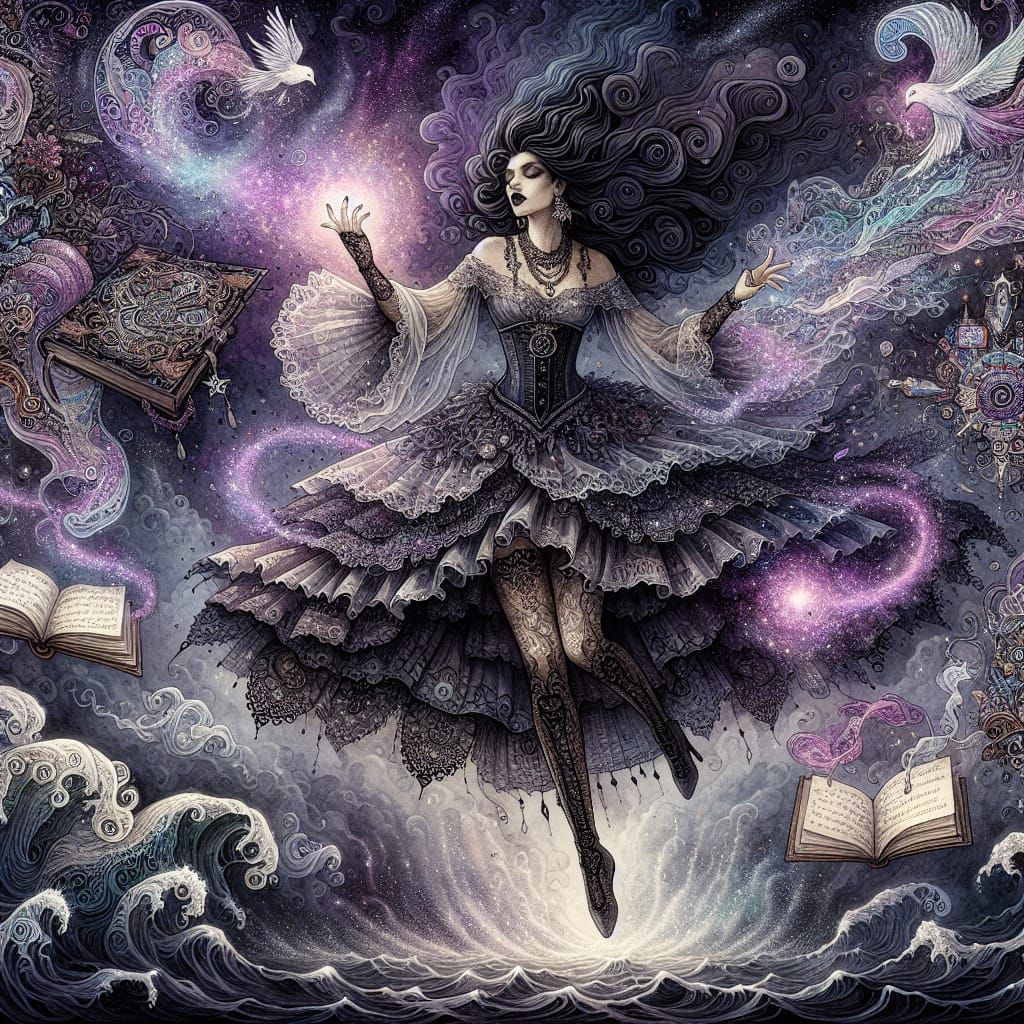Dreamy Watercolor Sorceress in Turbulent Ocean