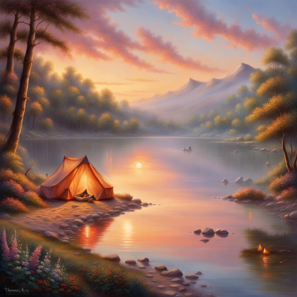 Campfire by Calm Lake at Sunset: Hyperrealistic Fantasy