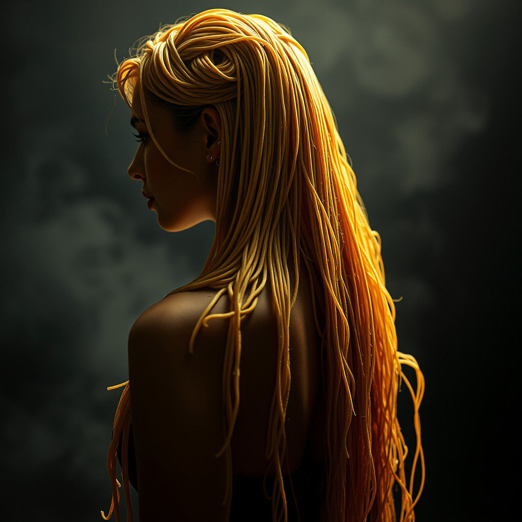 Woman with Noodle Hair in Surreal Style