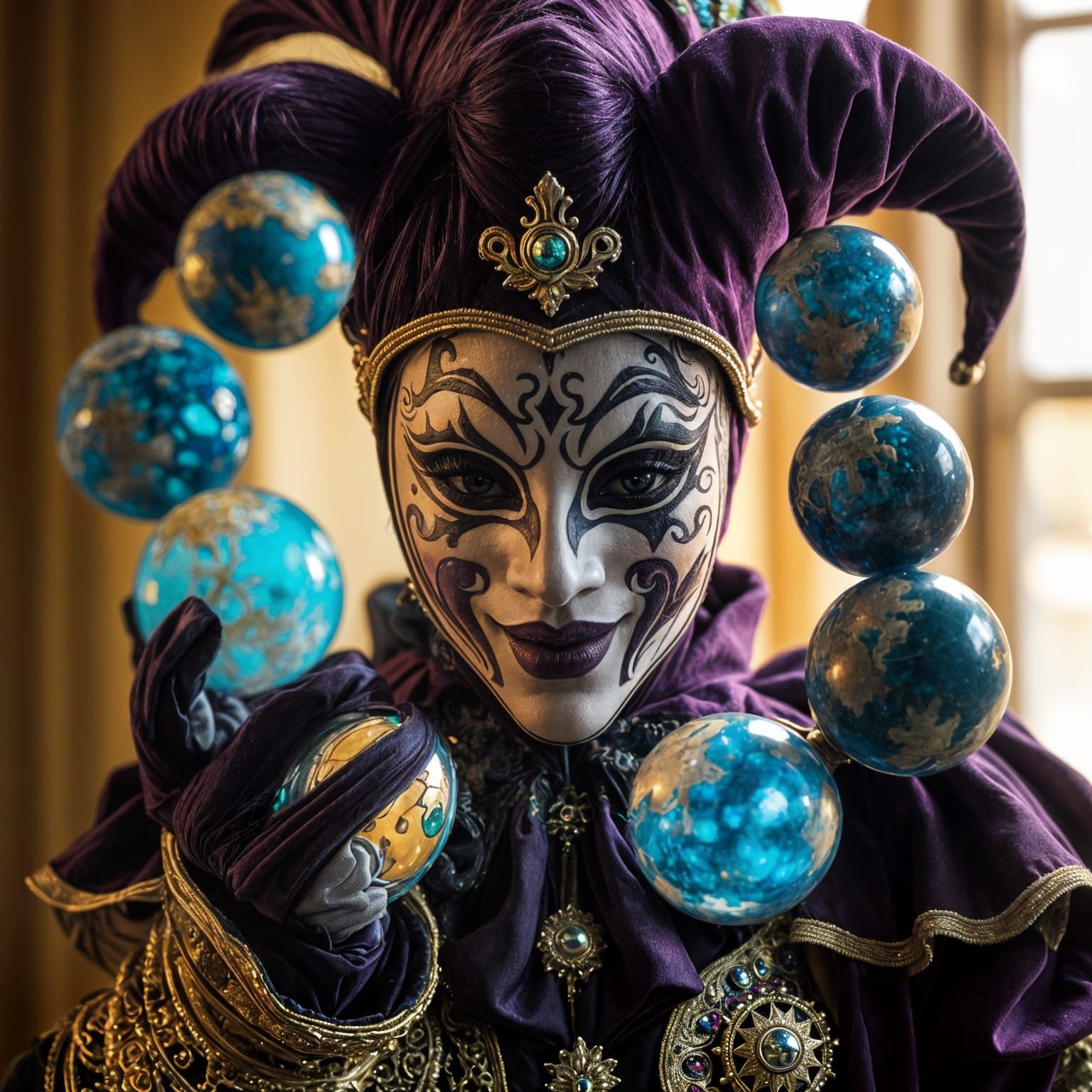 Jester in Venetian Mask Juggles Celestial Bodies in Stunning...