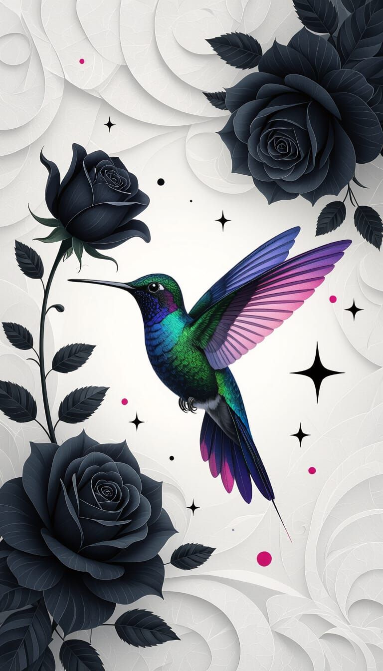 Iridescent Hummingbird and Dark Rose Surreal Illustration
