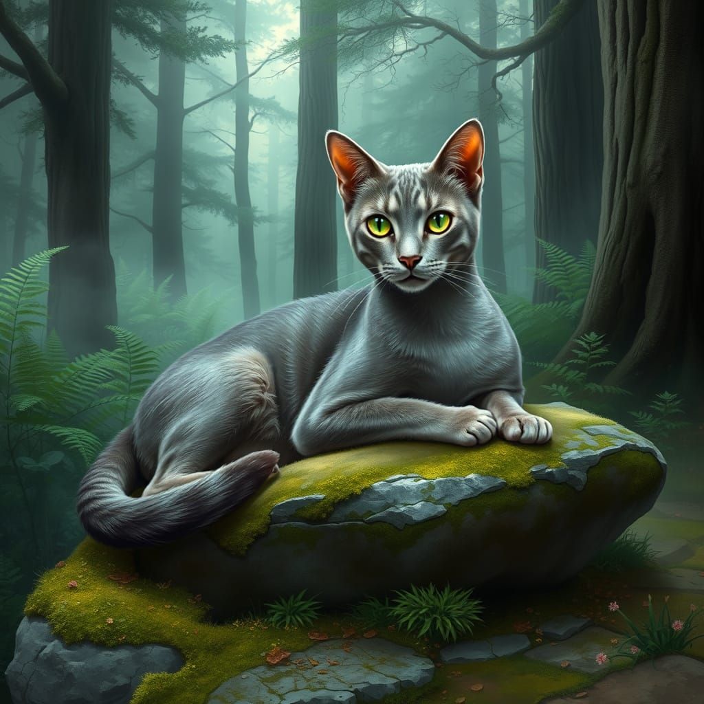Whimsical Cat in Mystical Forest