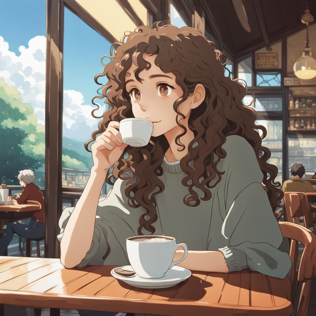 Cafe Scene: Girl with Brown Hair, Ghibli-Style Anime