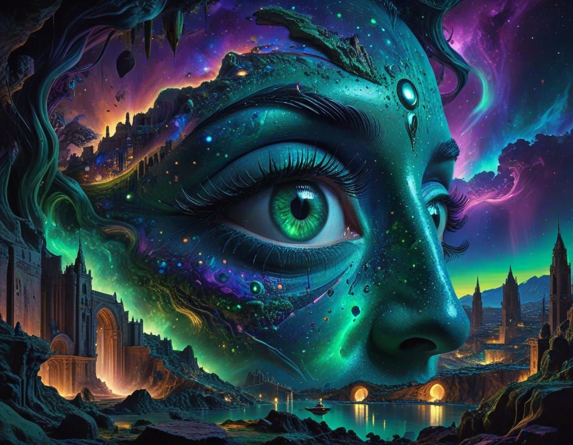 Surreal Cosmic Eye Over Vibrant Celestial Landscape in Low-P...