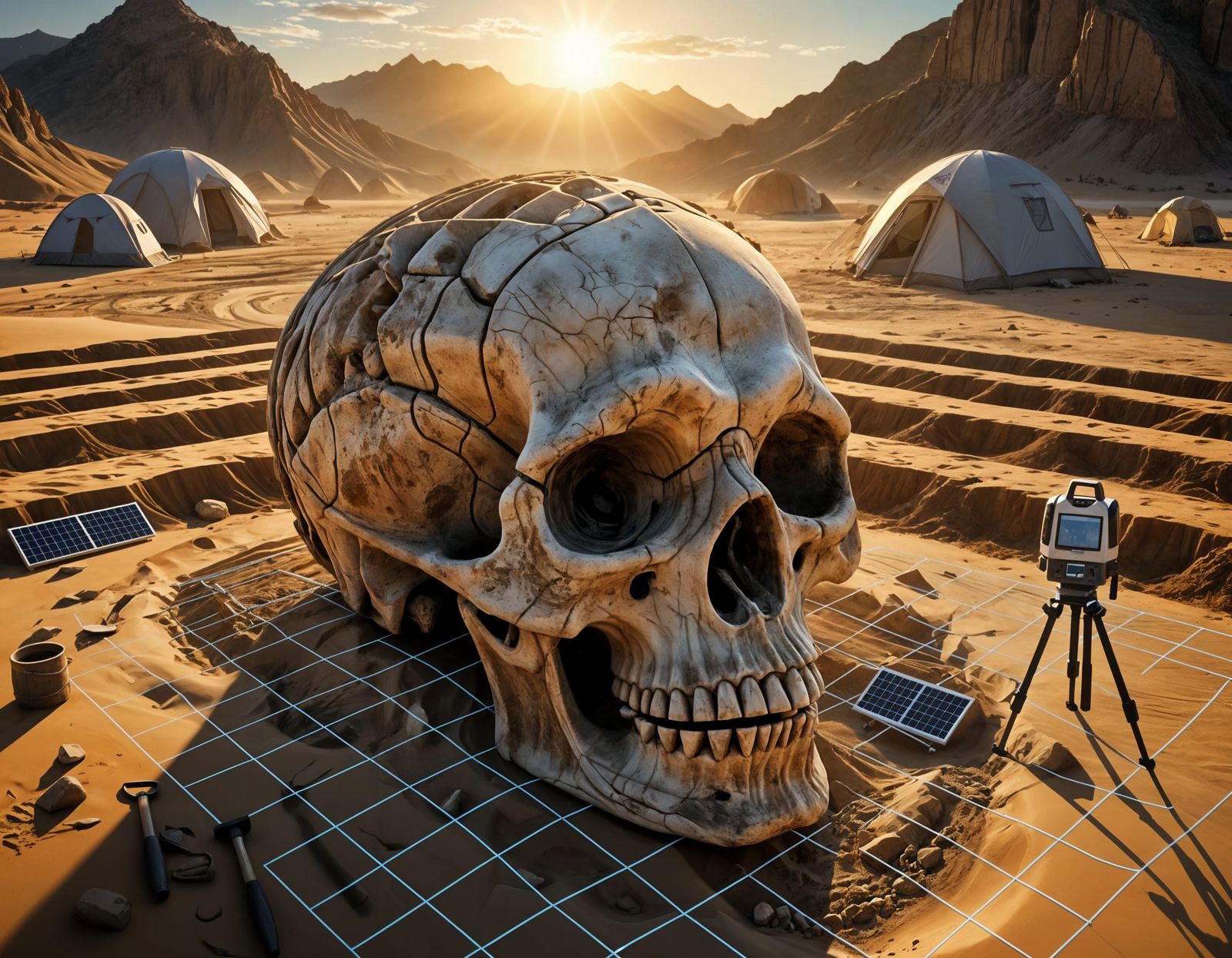 Giant Skull Excavation at Desert Sunrise in Photorealistic S...