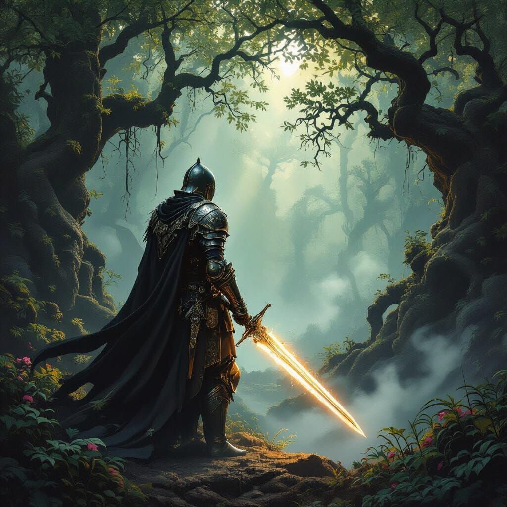 Warrior with Glowing Sword in Mystical Forest