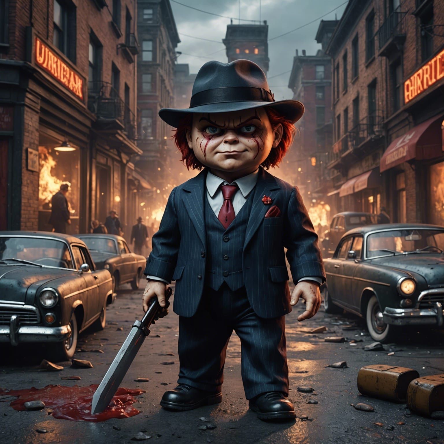 Menacing Mafia Chucky in Detailed Matte Painting