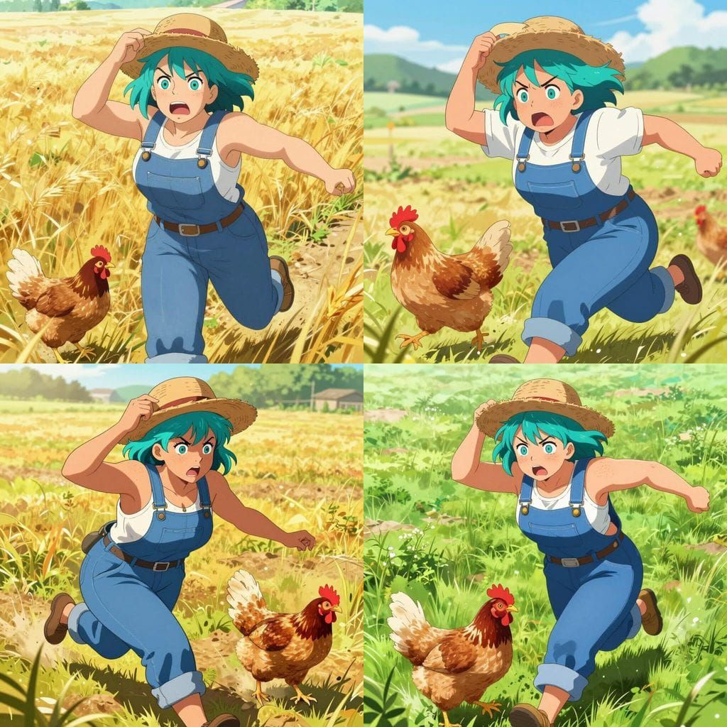 Curvy Farmer Chases Chicken in Aqua Hair