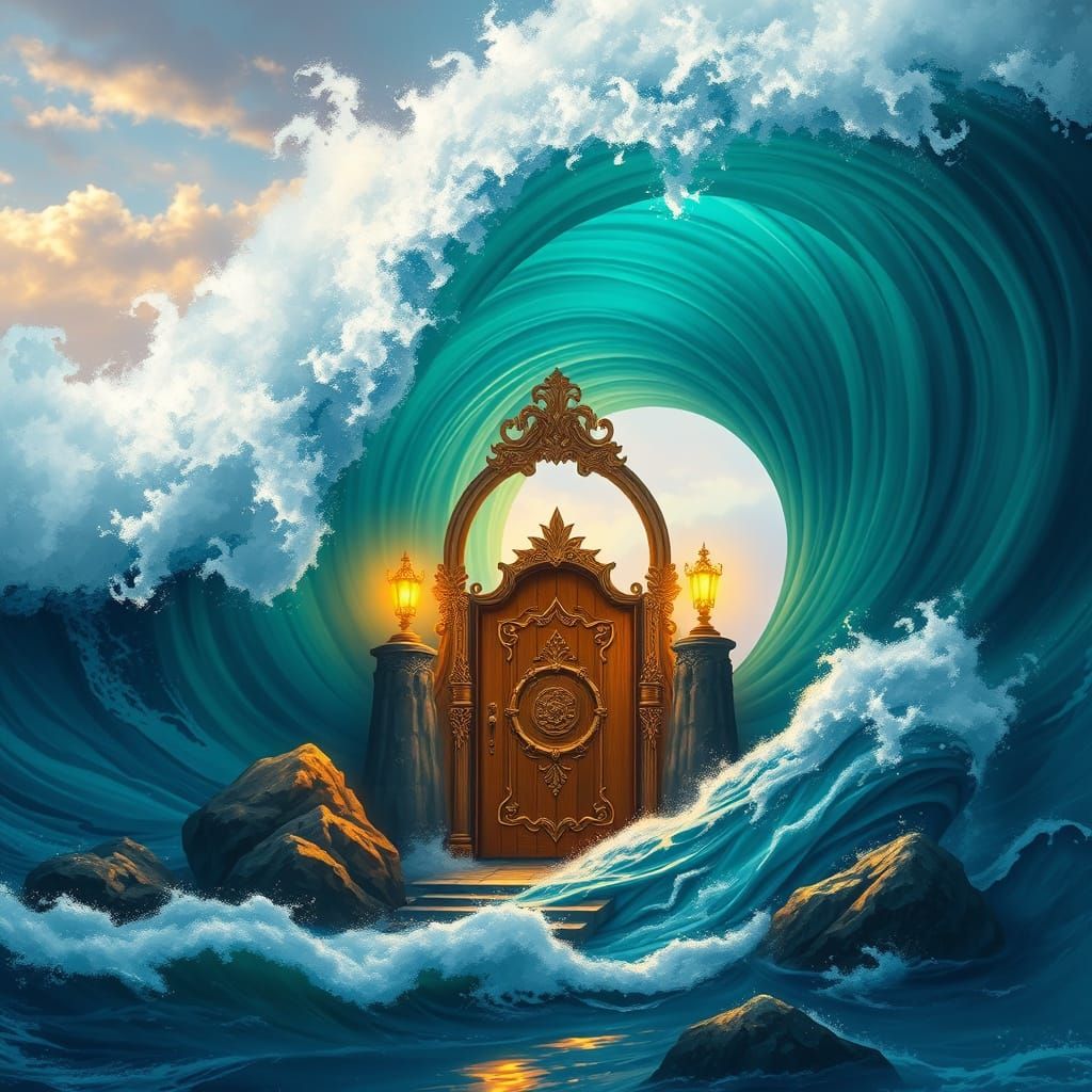 Mystical Turquoise Wave Reveals Runed Door