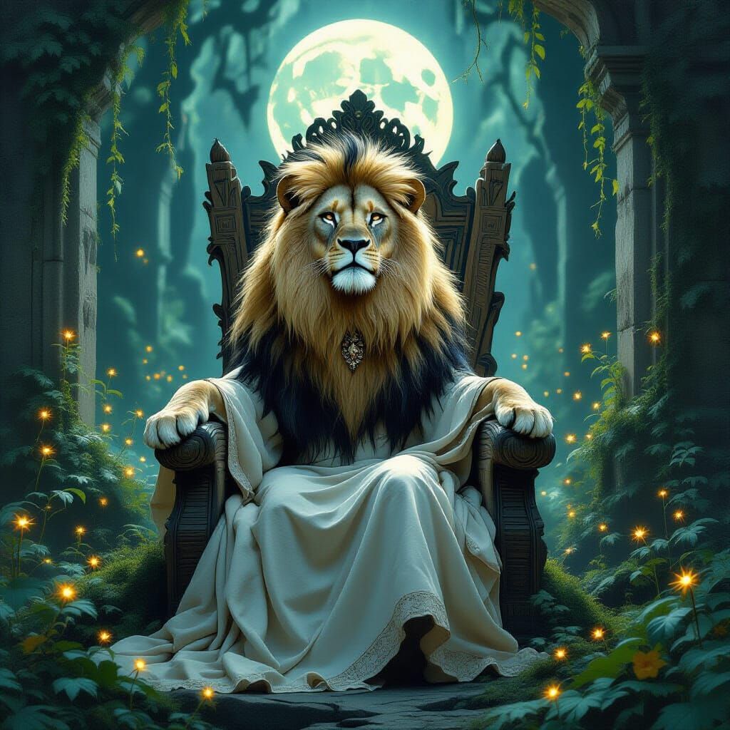Moonlit Lioness on Petrified Throne in Surrealist Style