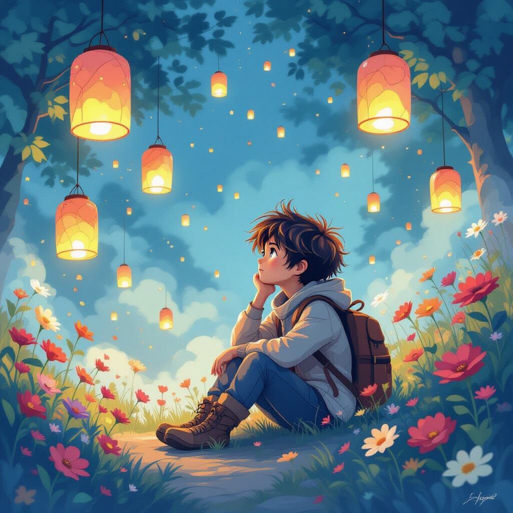 Ethereal Adventurer Surrounded by Lanterns in Watercolor Sty...