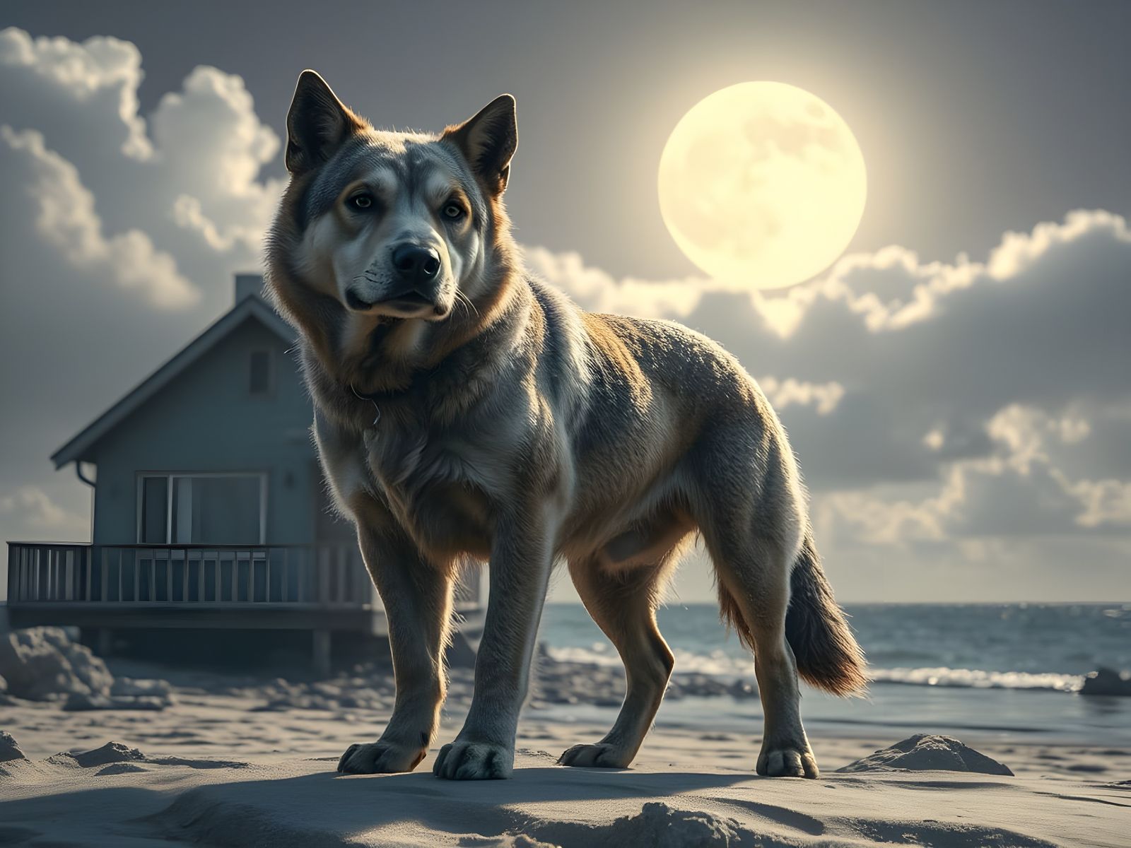 Guarding the Shore: A Loyal Canine in Noctilucent Poster Art