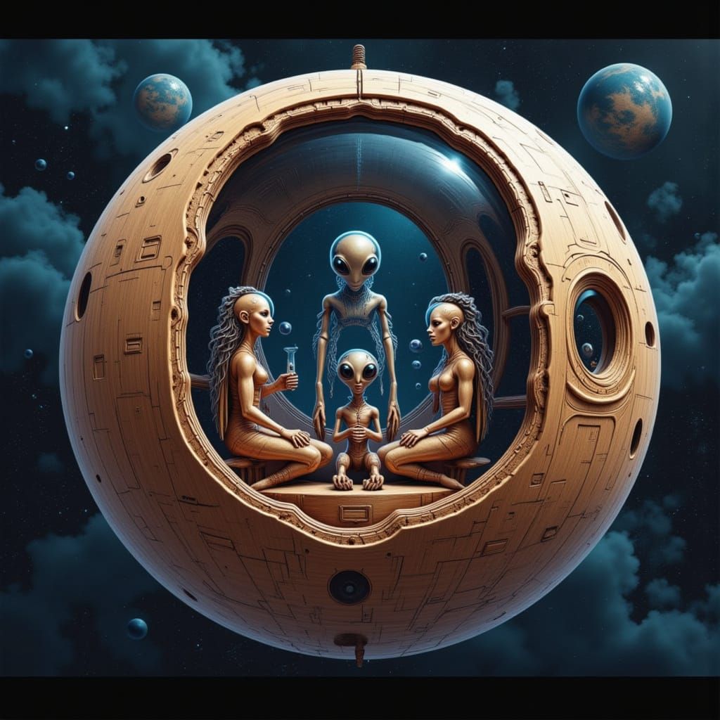 Wooden Spaceship with Women and Aliens in Space