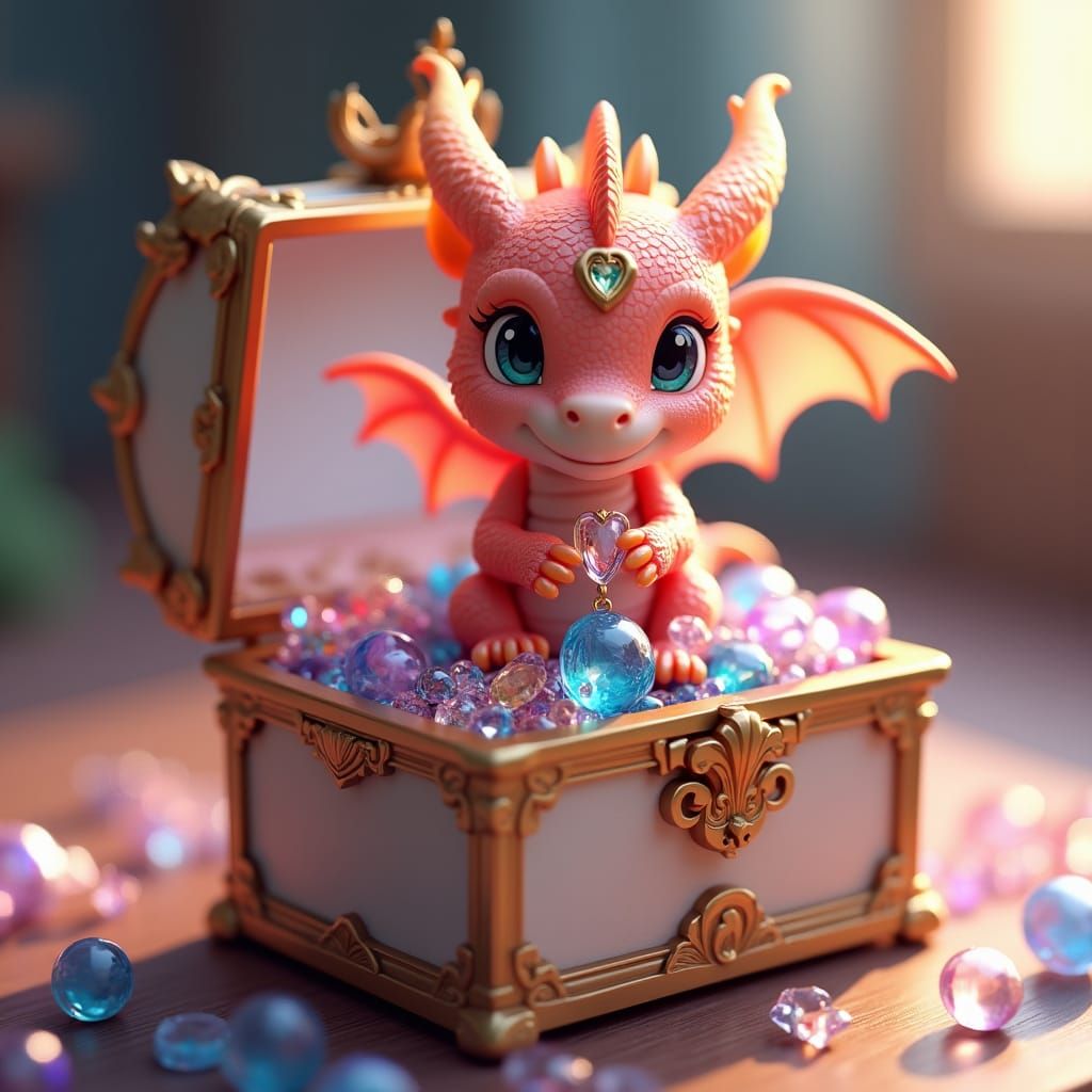 Iridescent Baby Dragon in Glass Jewelry Box