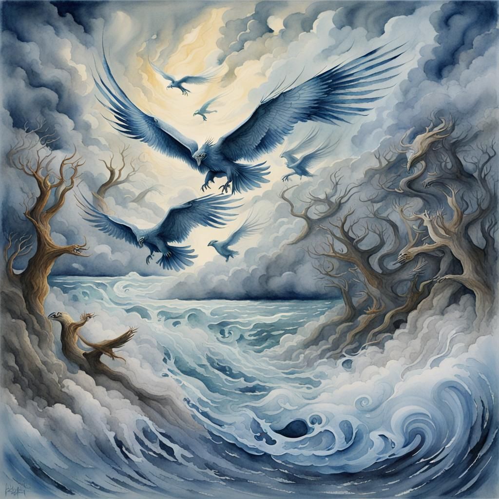 Harpies in Tempestuous Sky: A Watercolor Painting