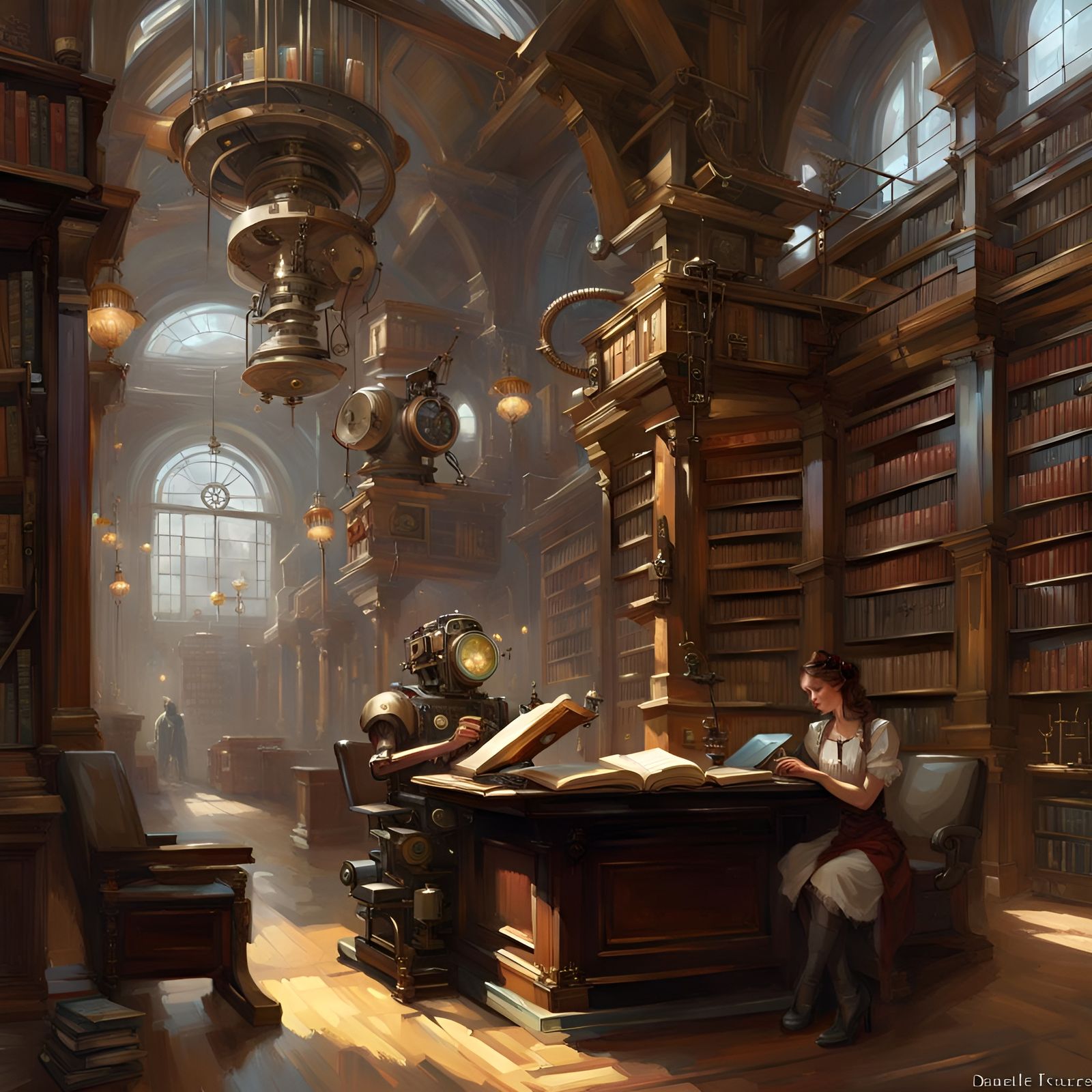 Steampunk Library with Ancient Book Technology