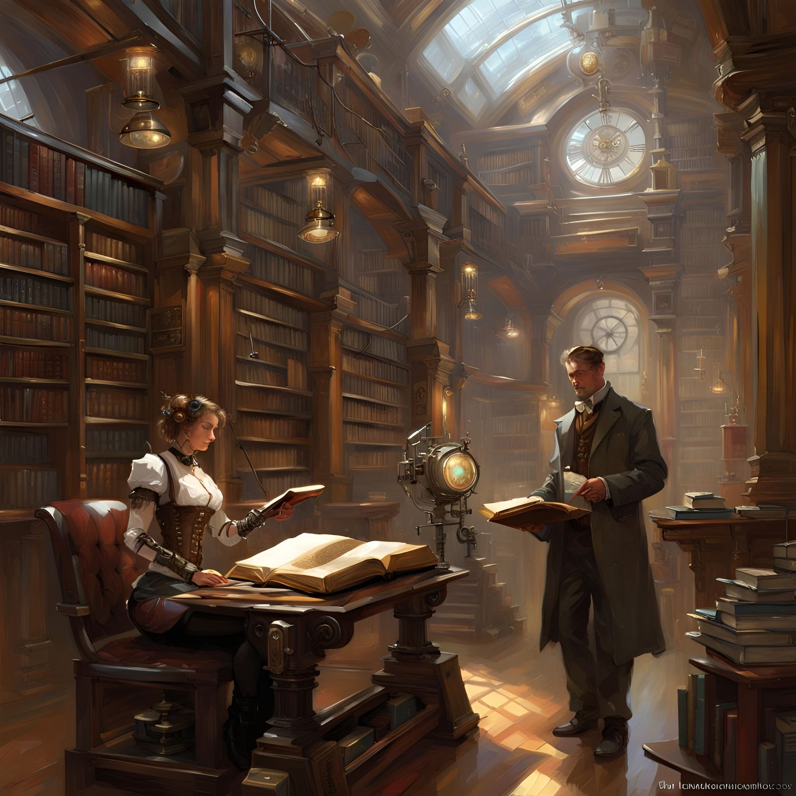 Steampunk Library with Ancient Book Technology