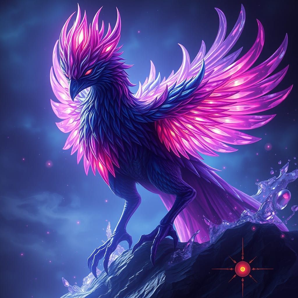 Sapphire and Amethyst Phoenix in Vibrant Fantasy Art