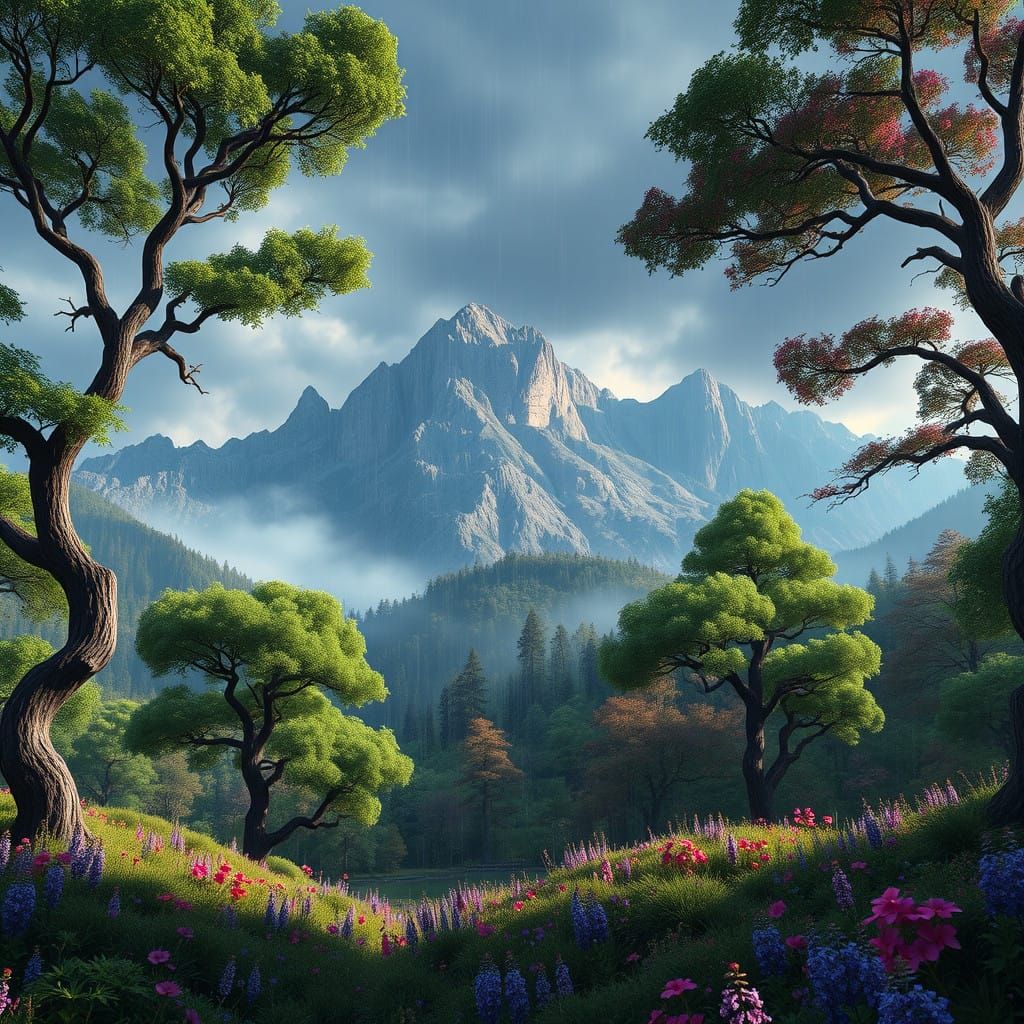 Ethereal Landscape of Gnarled Trees and Majestic Peaks